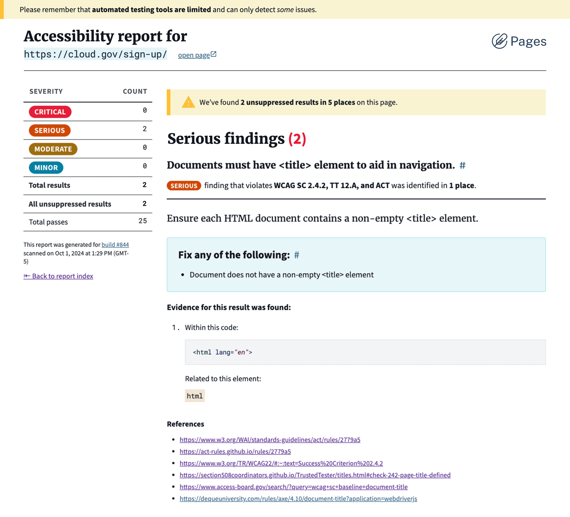 The accessibility report interface showing automated scan findings