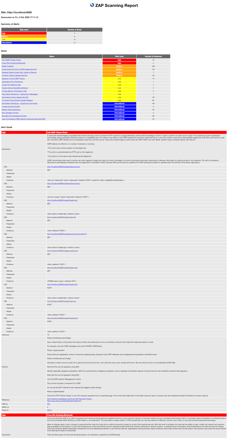 A typical ZAP report interface showing automated scan findings